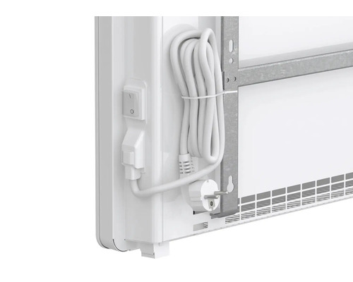 Detailansicht der Rückseite eines Heizkörpers mit Schalter und Kabel