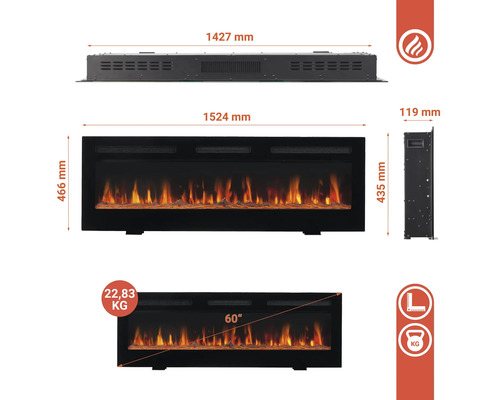 Abmessungen eines elektrischen Kamins mit einer Länge von 1524 Millimetern, einer Höhe von 466 Millimetern und einer Tiefe von 119 Millimetern.
