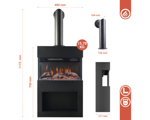 Schwarzer Elektrokamin mit Maßen