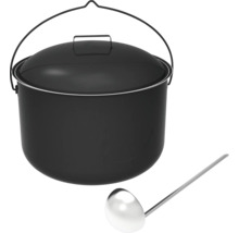 Schwarzer Kochtopf mit Deckel und Schöpfkelle