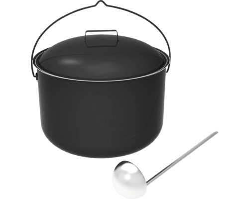 Schwarzer Kochtopf mit Deckel und Schöpfkelle