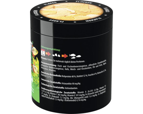 Fischfutter Flocken im schwarzen Behälter