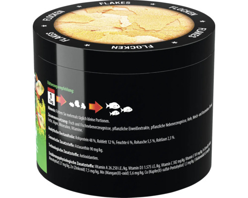 Fischfutterflocken in einer schwarzen Dose