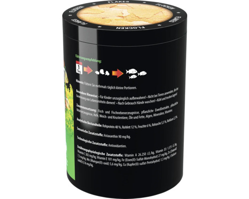 Fischfutterflocken in einer schwarzen Dose