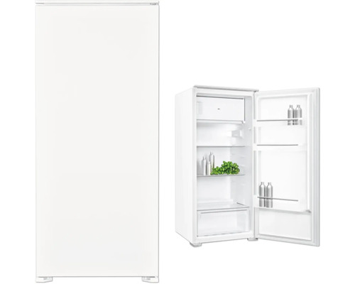 Einbaukühlschrank Wolkenstein WKS190.4EEB 54x123x54 cm weiß mit Gefrierfach Freistehender Kühlschrank, weiße Front, teilweise geöffnete Tür mit Blick ins Innere