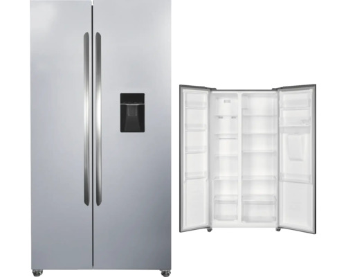 Side by Side Kühlschrank PKM SBS450NFDWDEIX 91x177x59 cm silber mit Wasserspender Doppeltüriger Kühlschrank mit Eisspender, teilweise geöffnet