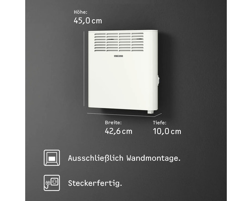 Abmessungen von einem Stiebel Eltron Wandkonvektor: Höhe 45,0 cm, Breite 42,6 cm, Tiefe 10,0 cm. Ausschließlich Wandmontage. Steckerfertig.