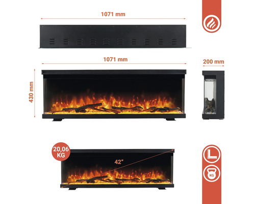 Abmessungen eines elektrischen Kamins, einschließlich Länge, Höhe, Breite und Bildschirmdiagonale