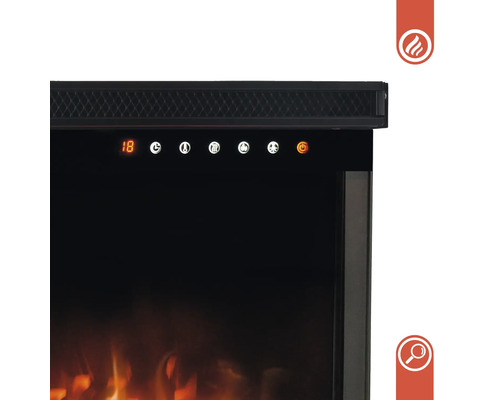 Nahaufnahme eines elektrischen Kamins mit digitaler Anzeige und Bedienelementen.