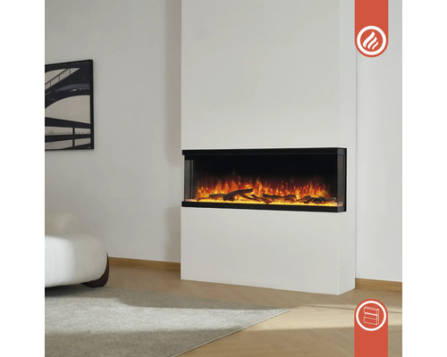 Elektrischer Kamin mit Holzeffekt in einem modern eingerichteten Wohnzimmer.