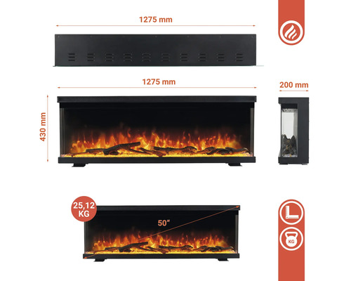 Abmessungen des Elektrokamins mit Flammeneffekt: 1275 Millimeter breit, 430 Millimeter hoch und 200 Millimeter tief. Das Gewicht beträgt 25,12 Kilogramm. Der Durchmesser beträgt 50 Zoll.