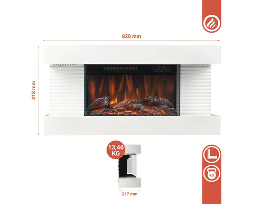 Elektrischer Kamin mit den Maßen 820 mm Breite und 418 mm Höhe, Gewichtsangabe 13,46 kg