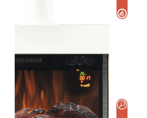 Detailansicht eines Elektrokamins mit Bedienfeld und digitaler Anzeige