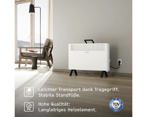 Elektrischer Konvektor Heizkörper im Wohnraum mit Tragegriff und TÜV Süd Siegel