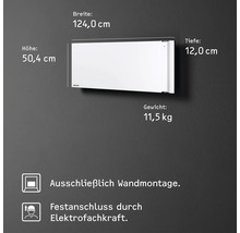 Elektrischer Heizkörper zur Wandmontage mit den Maßen 124,0 cm Breite, 50,4 cm Höhe, 12,0 cm Tiefe und einem Gewicht von 11,5 kg. Festanschluss durch Elektrofachkraft.