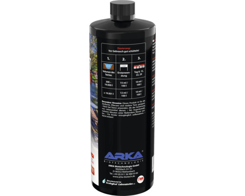 Flasche mit Teichpflegeprodukt von Arka Biotechnologie mit Dosierungsanleitung