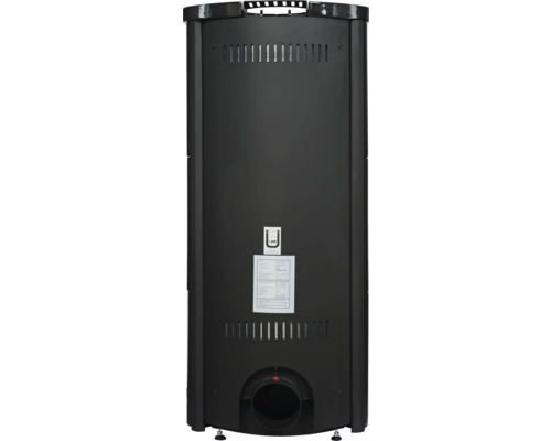 Rückansicht eines schwarzen Pelletofens mit Lüftungsschlitzen und Rauchrohranschluss