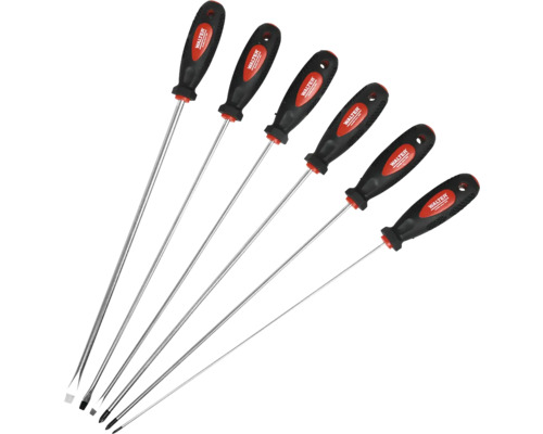 Sechs Schraubendreher mit unterschiedlichen Spitzen und Kunststoffgriffen