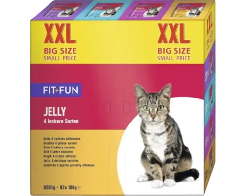 Fit+Fun Katzenfutter Gelee, 92 mal 100 Gramm Packung mit vier Sorten