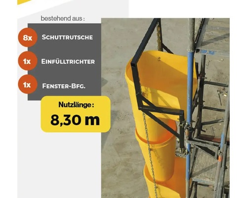 Bauschuttrutsche mit Einfülltrichter und Fensterbefestigung, Nutzlänge 8,30 Meter