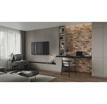 Modernes Wohnzimmer mit Fernseher, Sessel und Holzverkleidung