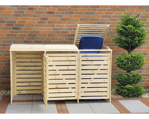 Mülltonnenbox aus Holz für drei Mülltonnen im Garten