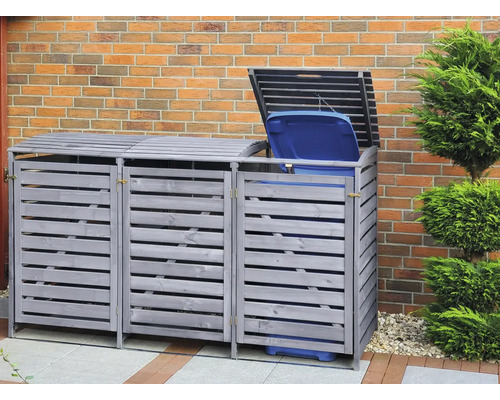Graue Mülltonnenbox aus Holz für drei Mülltonnen