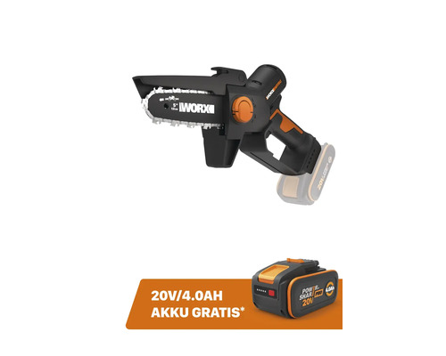 Akku Astsäge/Minikettensäge/Gehölzschneider WORX ohne Akku 20 V, 2 Ah + GRATIS-Akku 20 V, 4 Ah