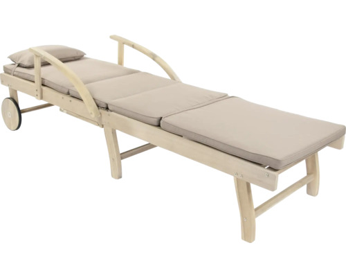 Sonnenliege GARDEN PLACE Maja 196 x 60 x 33,5 cm beige aus robustem Akazienholz, Rückenlehne verstellbar, Klappfunktion für platzsparende Lagerung, mit Rollen, inkl. ausziehbarer Beistelltisch Holzliege mit Auflage und Rädern für den Garten
