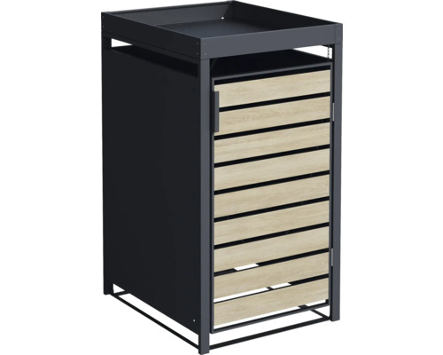 Mülltonnenbox mit Tür in Holzoptik und Metallgestell