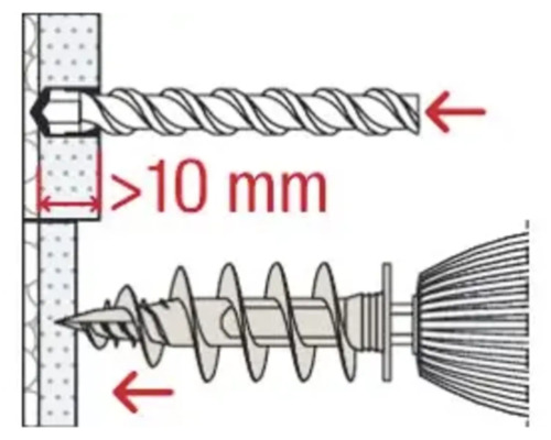 Illustration einer Schraube in der Wand mit Angabe der minimalen Wandstärke