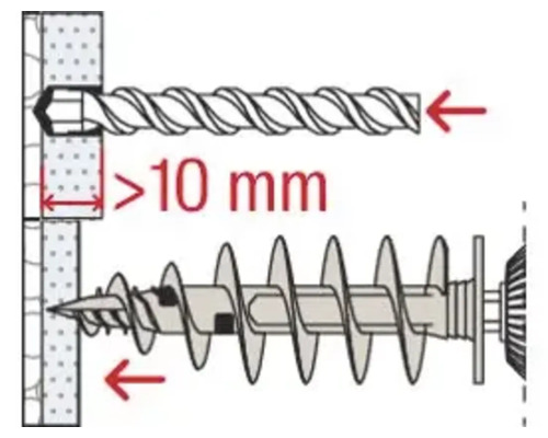 Illustration einer Schraube mit einem Hinweis auf eine Mindesttiefe von 10 Millimetern