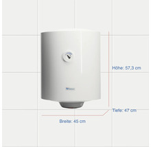 Elektrischer Warmwasserspeicher mit den Maßen 57,3 cm Höhe, 45 cm Breite und 47 cm Tiefe