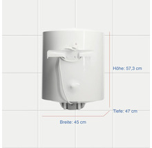 Weißer Warmwasserspeicher mit Maßangaben: Höhe 57,3 cm, Breite 45 cm, Tiefe 47 cm.