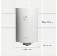 Warmwasserspeicher mit den Maßen 77,8 cm Höhe, 45 cm Breite und 47 cm Tiefe.