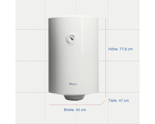 Warmwasserspeicher mit den Maßen 77,8 cm Höhe, 45 cm Breite und 47 cm Tiefe.
