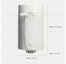 Warmwasserspeicher mit den Maßen Höhe 91,8 cm, Breite 45 cm und Tiefe 47 cm.