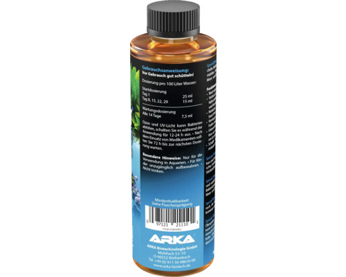 Flasche mit Aquariumwasseraufbereiter von Arka Biotechnologie mit Dosierungsanleitung