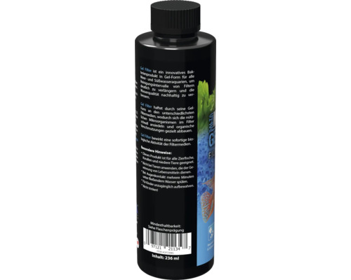 Gel Filter für Süß- und Meerwasseraquarien in einer schwarzen Flasche