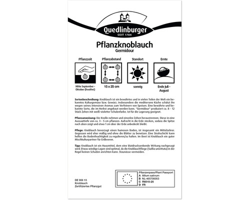 Pflanzknoblauch Germidour Produktverpackung mit Informationen zu Pflanzzeit, Pflanzabstand, Standort und Erntezeit