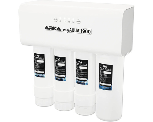 Osmoseanlage ARKA myAqua Umkehrosmoseanlage 1900® Optimale Leitungswasser-Aufbereitung, bis 1900 Liter am Tag = 1,3 Liter pro Minute, enthält Kohle-, Fein- und Membranfilter, funktioniert ohne Strom, ohne Chemie ARKA myAQUA 1900 Umkehrosmoseanlage mit Feinfilter, Kohlefilter und Membran