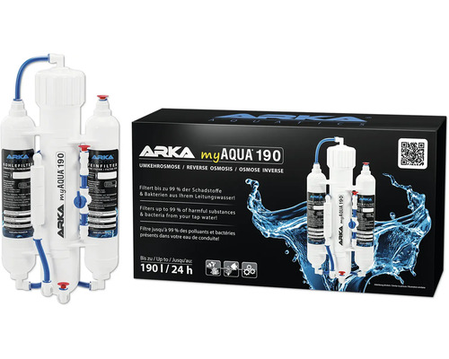 Osmoseanlage ARKA myAqua Umkehrosmoseanlage 190® optimale Leitungswasser-Aufbereitung, bis 190 Liter / Tag, enthält Kohle-, Fein- und Membranfilter, funktioniert ohne Strom, ohne Chemie Arka myAqua 190 Umkehrosmoseanlage mit Kohlefilter und Feinfilter