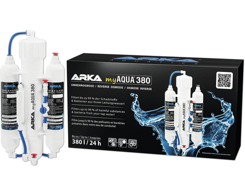 Osmoseanlage ARKA myAqua Umkehrosmoseanlage 380® optimale Leitungswasser-Aufbereitung, bis 380 Liter / Tag, enthält Kohle-, Fein- und Membranfilter, funktioniert ohne Strom, ohne Chemie Arka myAqua 380 Umkehrosmoseanlage mit Verpackung