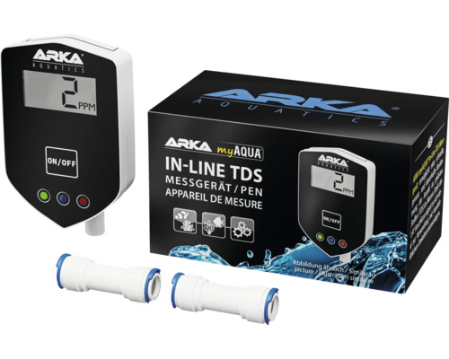 Arka Aquatics Inline TDS Messgerät mit Verpackung und Anschlüssen