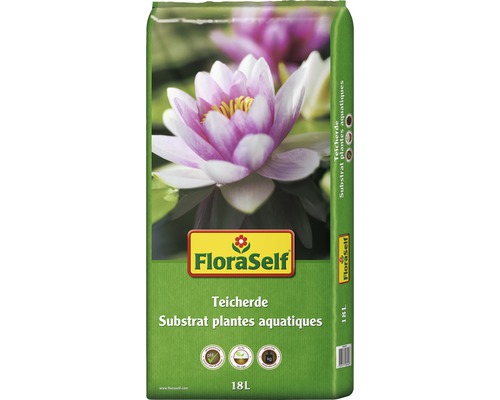 Verpackung Teichpflanzenerde mit Seerosenmotiv und FloraSelf Logo