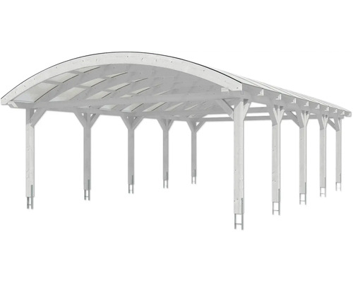 Weißer Holzcarport mit gebogenem Dach