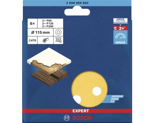 Bosch Expert Schleifscheiben Set, Durchmesser 115 mm, Körnung P60, P120 und P240, 6 Stück