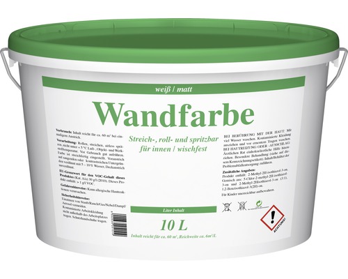 Wandfarbe weiss matt 10 l Eimer mit weißer, matter Wandfarbe für den Innenbereich, streich-, roll- und spritzbar, Inhalt 10 Liter