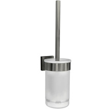 Wand-WC-Garnitur aus Edelstahl mit satiniertem Glasbehälter.