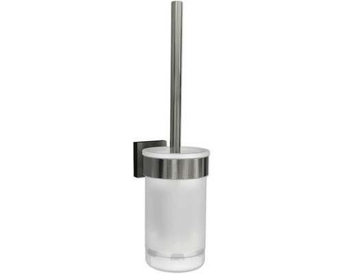 Wand-WC-Garnitur aus Edelstahl mit satiniertem Glasbehälter.